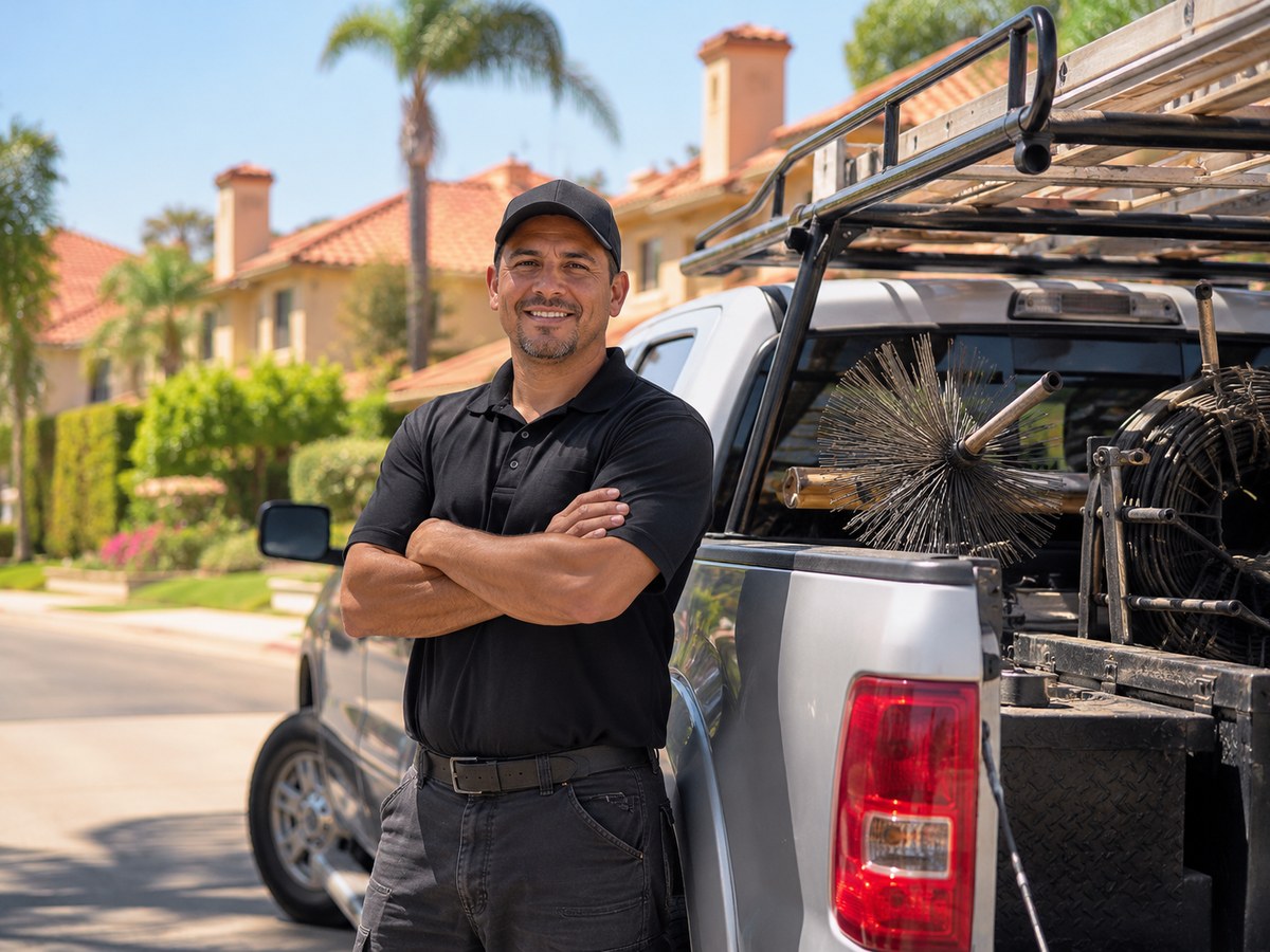 Professional chimney technician standing beside a service truck in a California neighborhood
